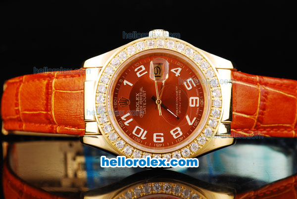 Rolex Datejust Oyster Perpetual Automatic Movement RG Case with Orange Dial and Numeral Marker-Diamond Bezel - Click Image to Close